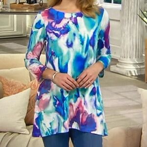 Belle by Kim Gravel 3/4 Sleeve Watercolor Print Tunic Top, Medium